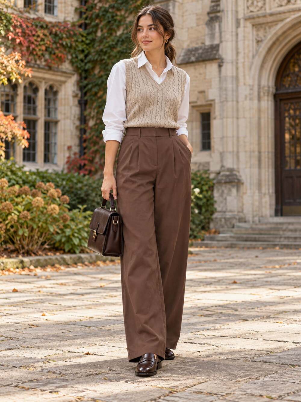 OGL Move Hickory Brown Pleated Wide Leg Stretch Trousers Medium NWT Old Money